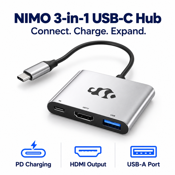 Nimo 3in1 USB-C Hub - PD Charging+HDMI+USB-A — product front view and key specifications