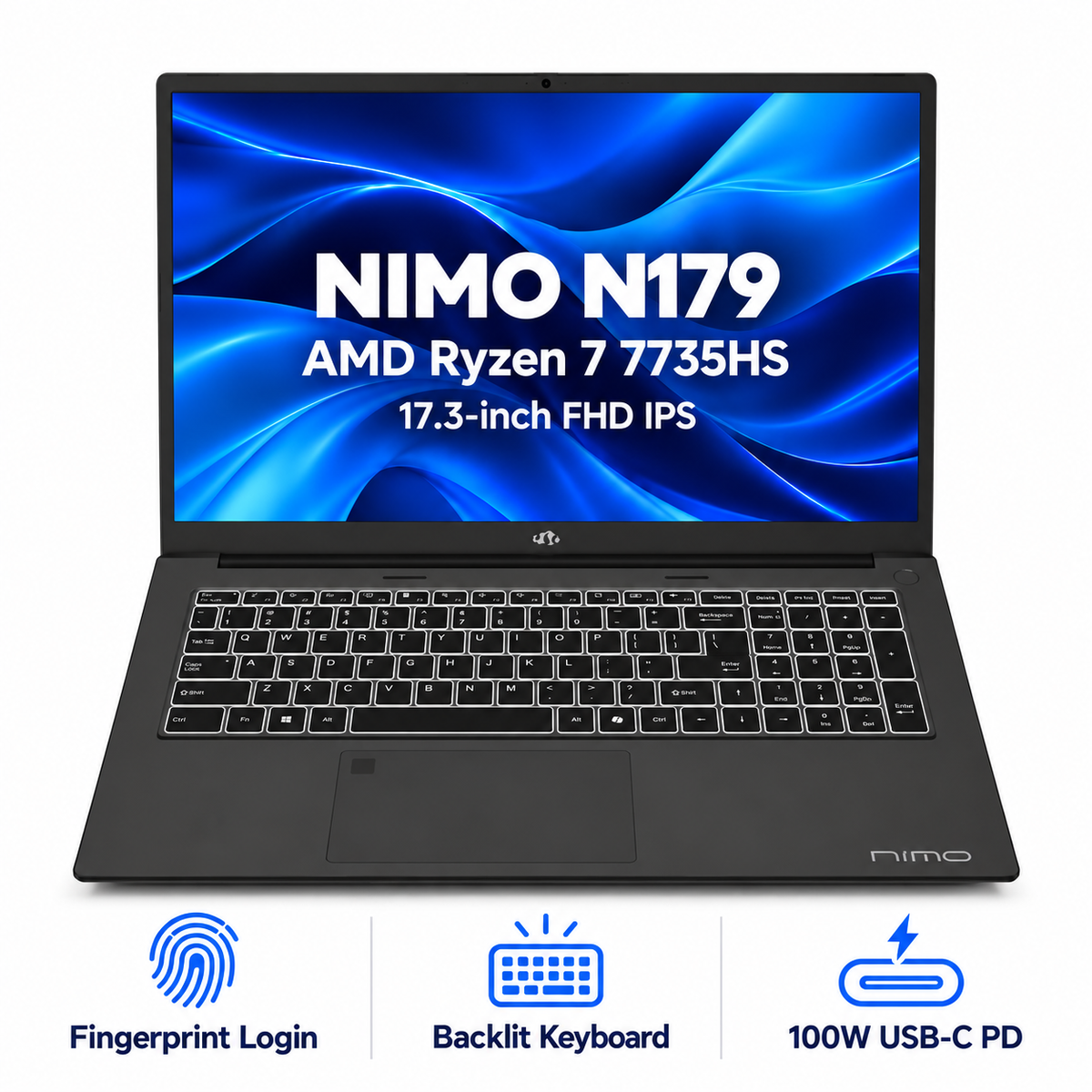 17.3 N179 Ryzen 7 7735HS Laptop — product front view and key specifications