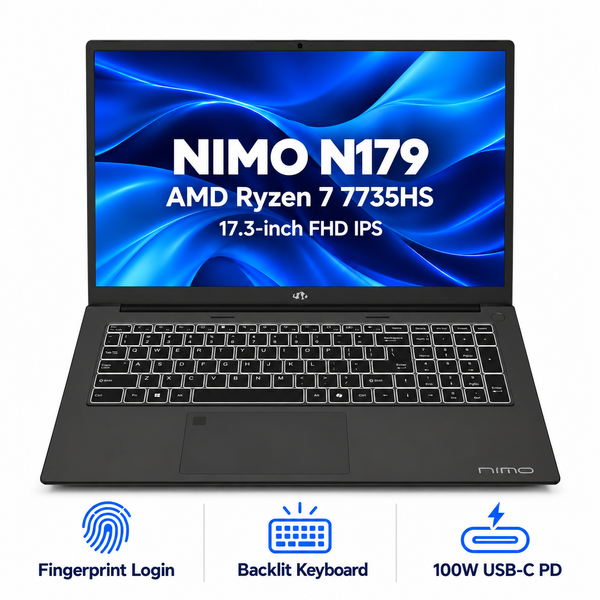 17.3 N179 Ryzen 7 7735HS Laptop — product front view and key specifications