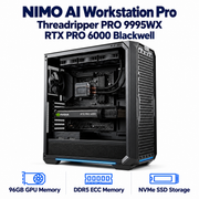 Black NIMO AI Workstation Pro with Threadripper PRO 9995WX, RTX PRO 6000 Blackwell and 96GB graphics memory callouts.