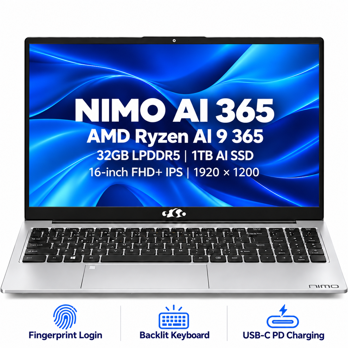 NIMO H16 Ryzen AI 9 365 Laptop — 32GB RAM, 1TB AI SSD — product front view and key specifications