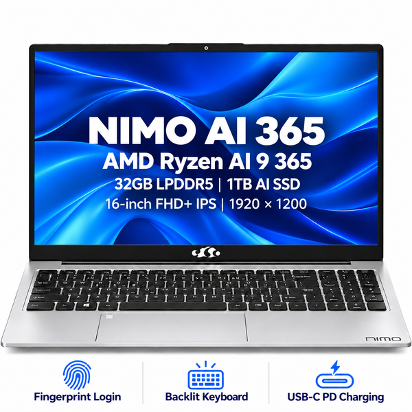 NIMO H16 Ryzen AI 9 365 Laptop — 32GB RAM, 1TB AI SSD — product front view and key specifications